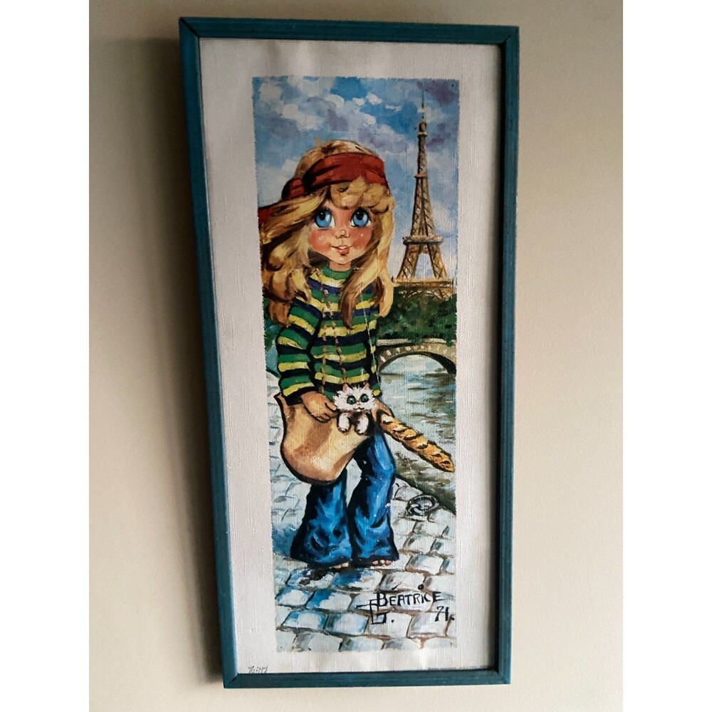 Beatrice Print Girl with Cat Eiffel Tower 1971 Print  Framed Vintage 9.5 by 20.5
